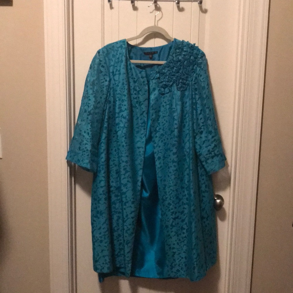 Two piece turquoise satinteen dress with jacket
